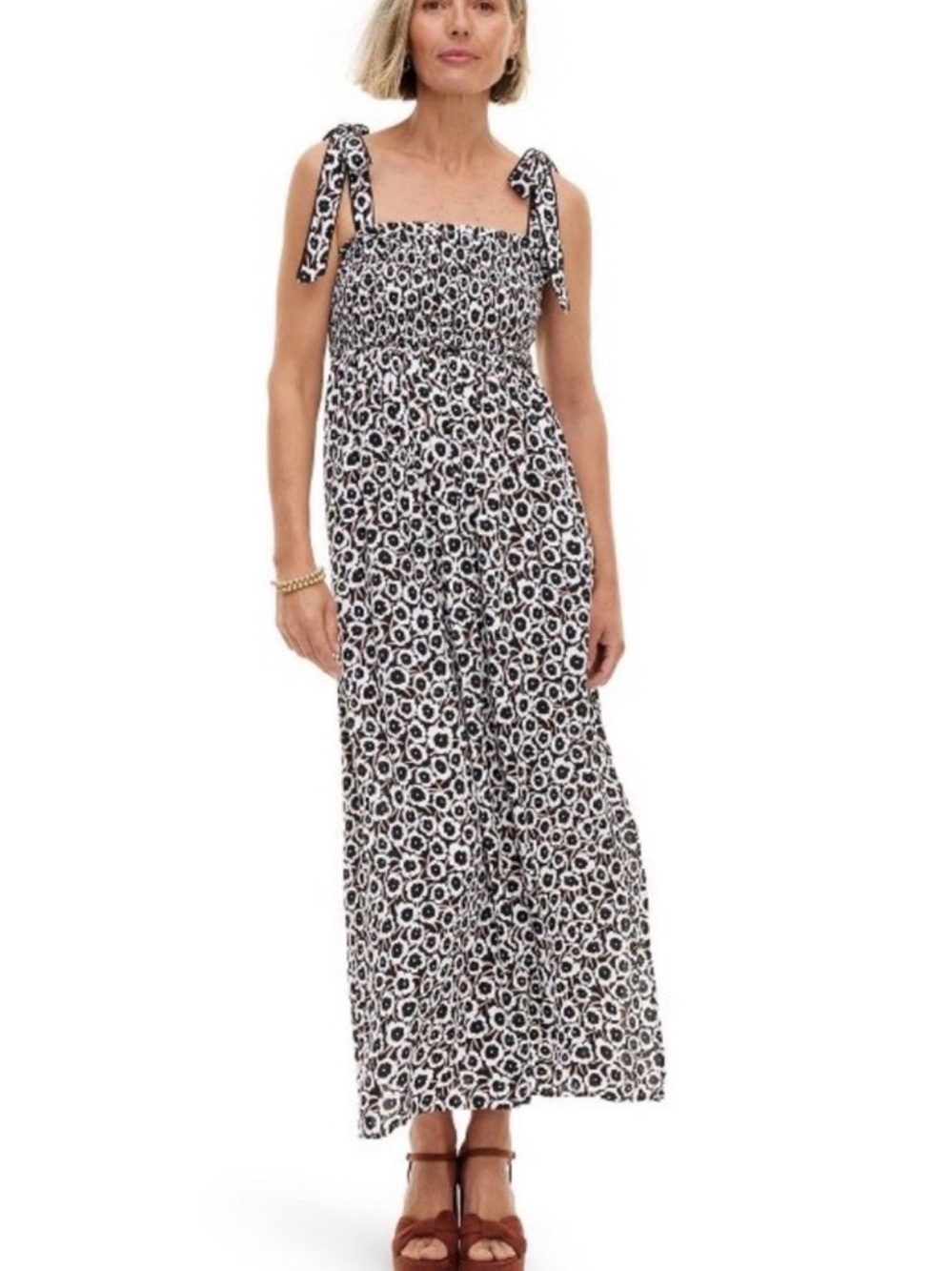 Diane Von Furstenberg Black and White Floral Smocked Maxi Jumpsuit-NWOT